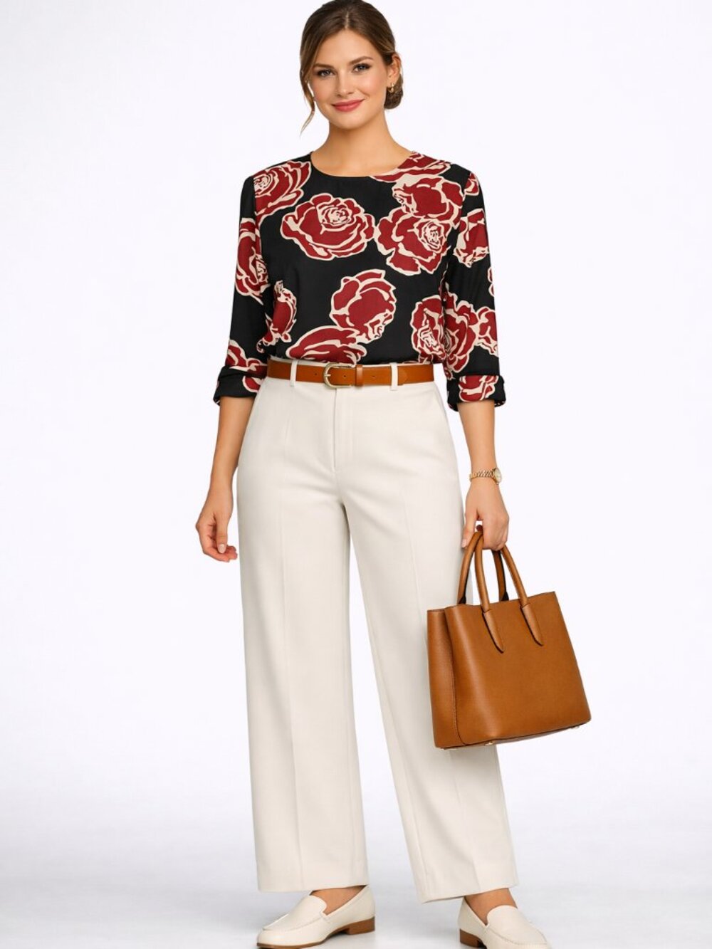 Black and Bronze Large Floral Blouse Long Cuffed Sleeves Button Closure in Back